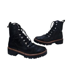 Nine West Ivona Women's Combat Boots Black Grunge Faux Leather Lace Up Size 8
